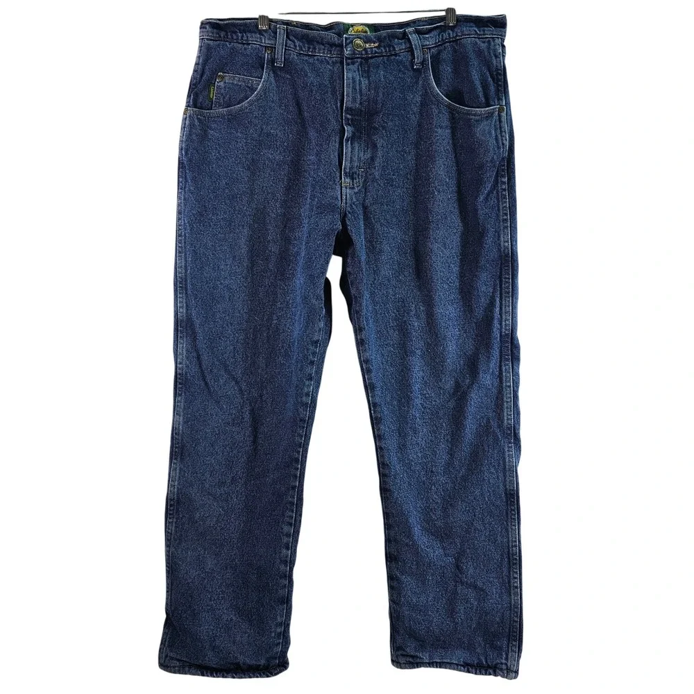 Cabelas Roughneck Men 37x29 Fleece Lined Relaxed Fit Denim Jeans Dark Stone Blue